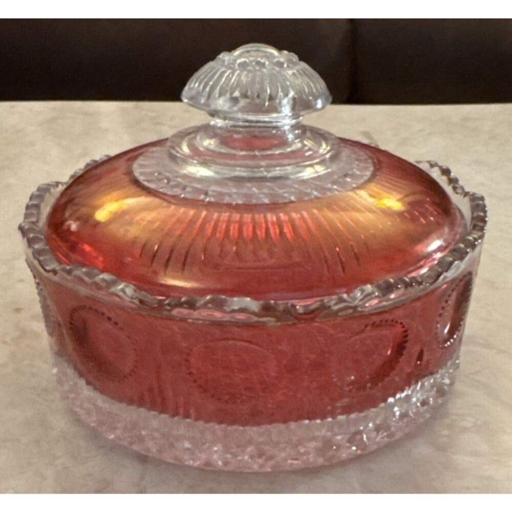 EAPG US Glass Co Manhattan Red Ruby Rose Vanity Powder Jar Antique 1902